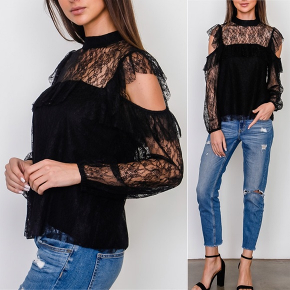 ✨Restock✨ Lace Ruffle Cold Shoulder Blouse Top - Picture 3 of 8